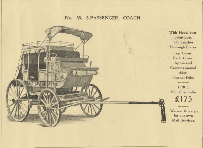 Cobb and Co.  Passenger Coach used on the Cobb and Co Mail Service runs. Cobb and Co Coach Catalogue of High Class Vehicles.  