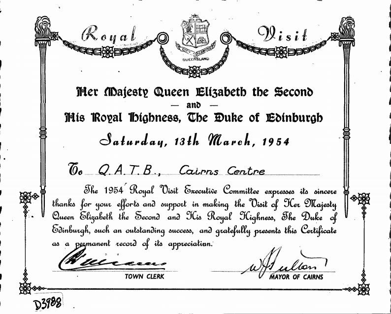 : The Cairns Centre of the QATB received a certificate of appreciation for their assist with the Royal visit, 13 March 1954