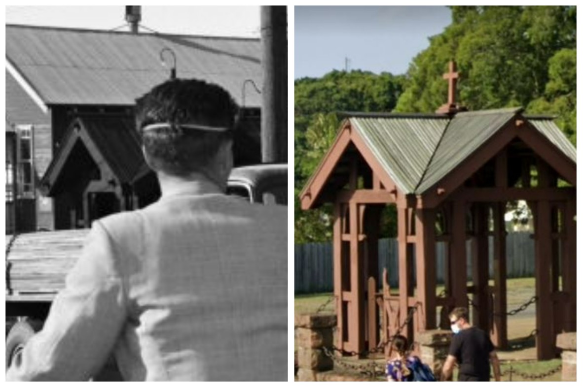 Past and contemporary comparsion of the lychgate of St Andrew's Anglican Church in Lutwyche. 