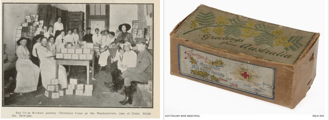 Red Cross Workers packing Christmas boxes at the Headquarters, Inns of Court Building, Brisbane, 1916. Red Cross Society Christmas Package, 1918.