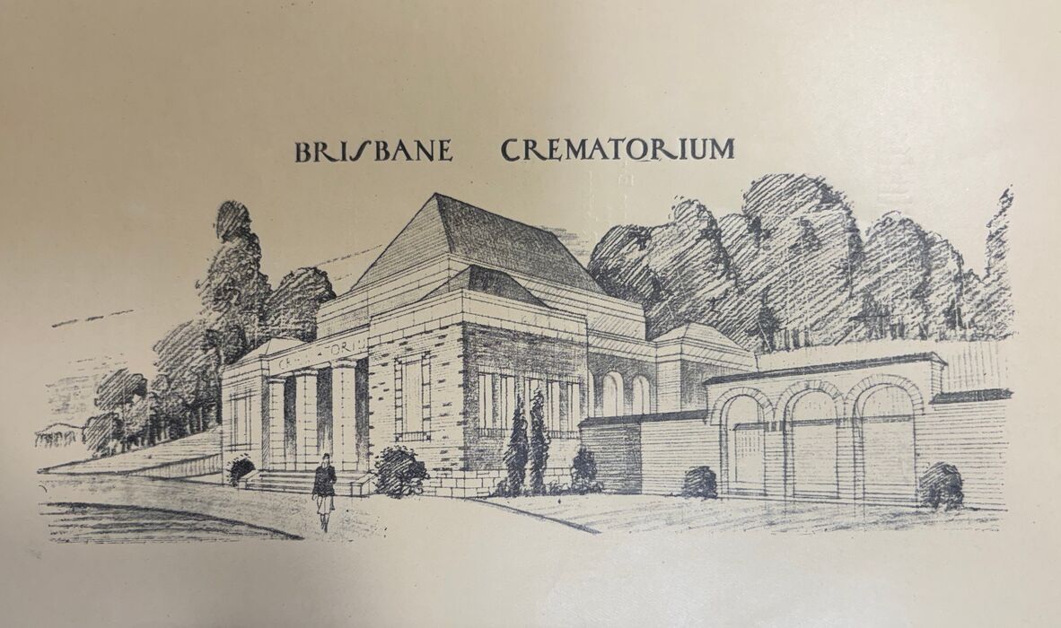 Pen sketch of Brisbane Crematorium showing a classical structure with columns and arched windows, surrounded by trees, with a solemn tone.
