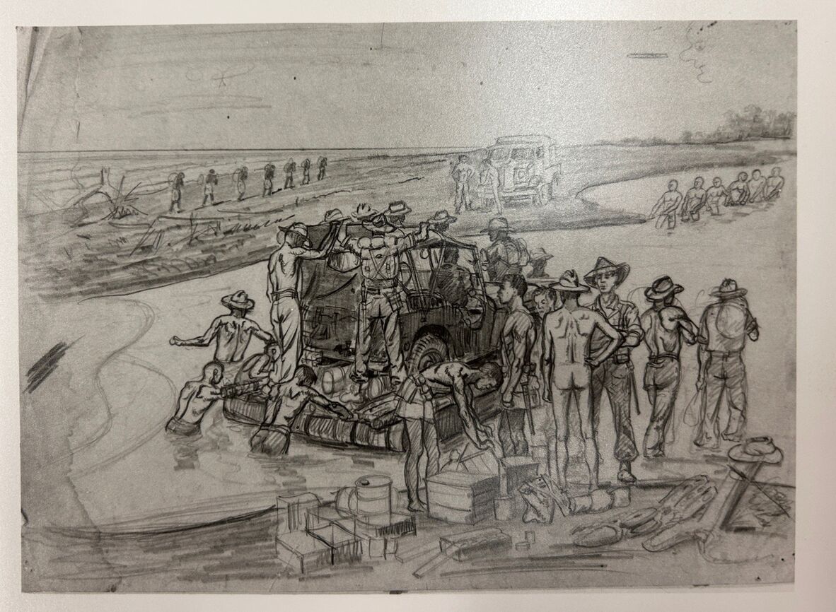 Crossing the Anumb River, in pencil by James Wieneke