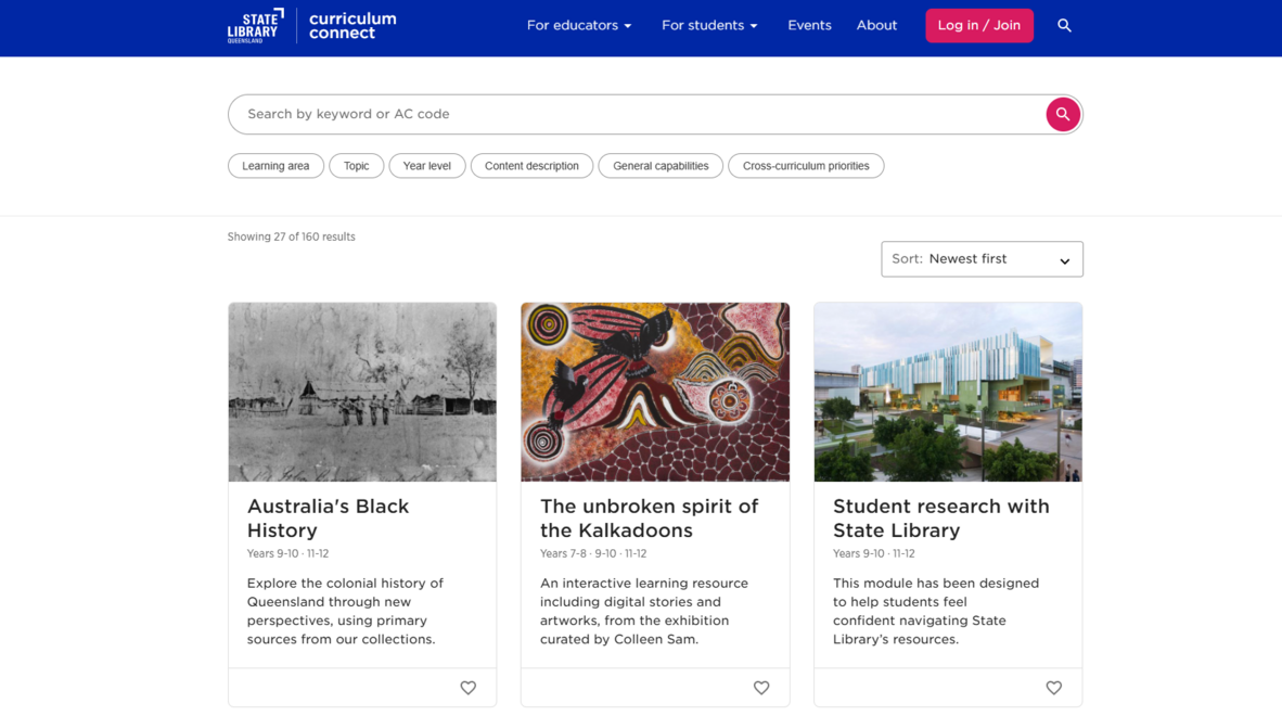 Screen shot of State Library of Queensland's Curriculum Connect website which houses teaching resources created by Schools Engagement team that align with state and federal curriculums