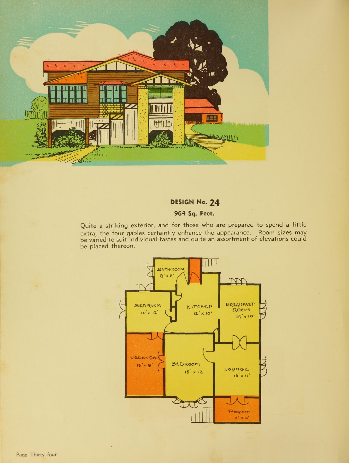 Colour page from 99 everyday homes for Queenslanders showing a sketch and plan for a Queensland home