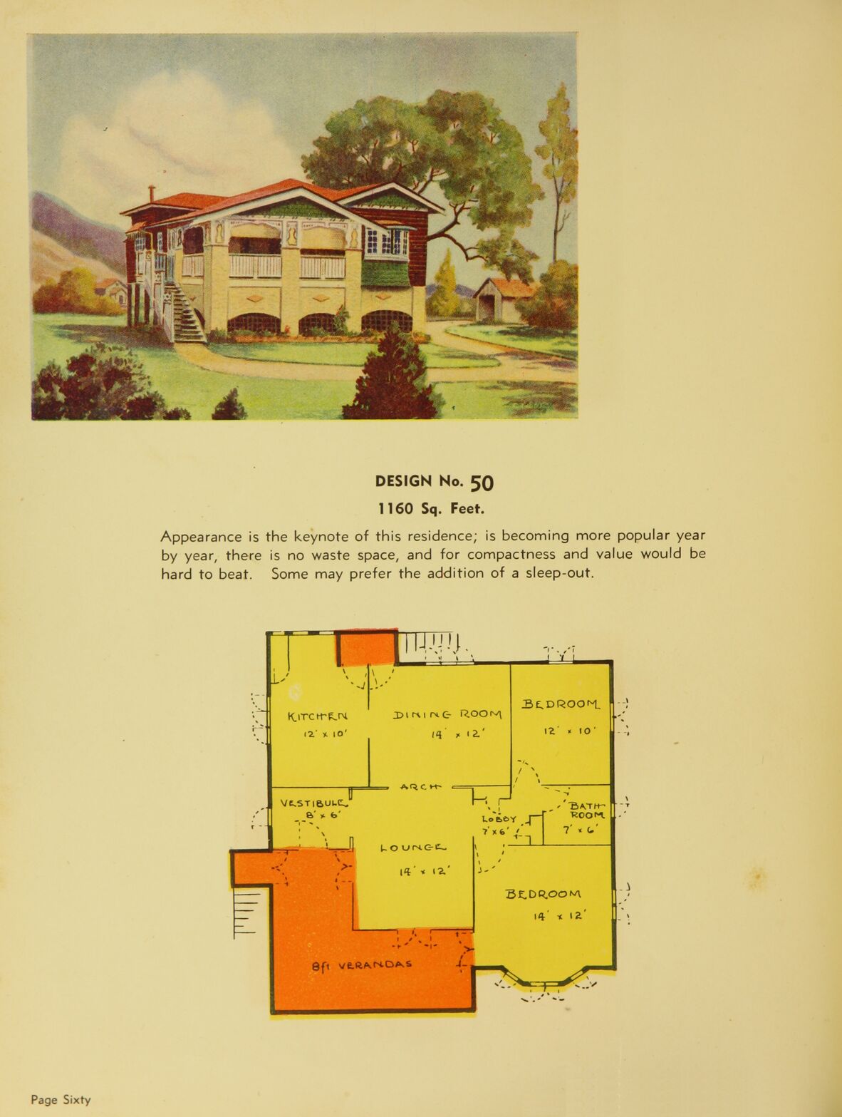 Colour page from 99 everyday homes for Queenslanders showing a sketch and plan for a Queensland home