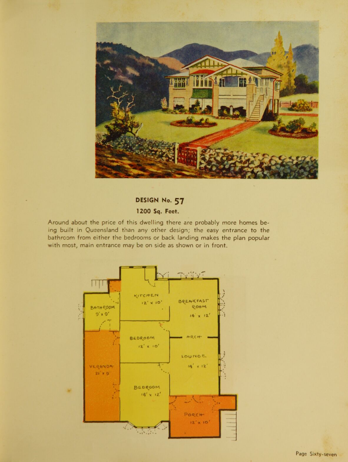 Colour page from 99 everyday homes for Queenslanders showing a sketch and plan for a Queensland home