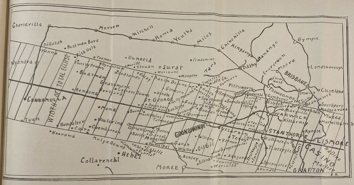 Vintage map of Southern Queensland, Australia, showing towns like Brisbane, Stanthorpe, and Lismore. Features rail lines and geographic boundaries. Monochrome, historical tone.