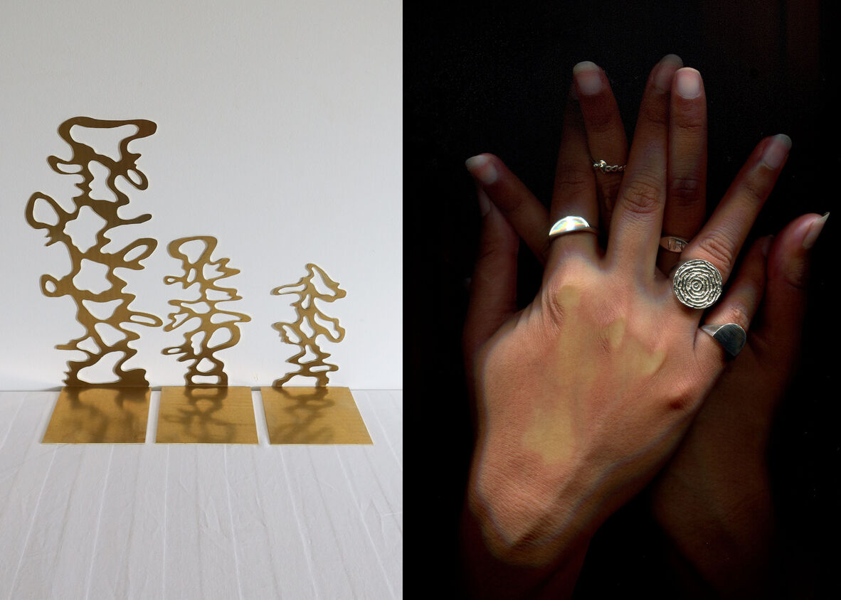 composite image of metal sculptures and jewellery on intertwined hands