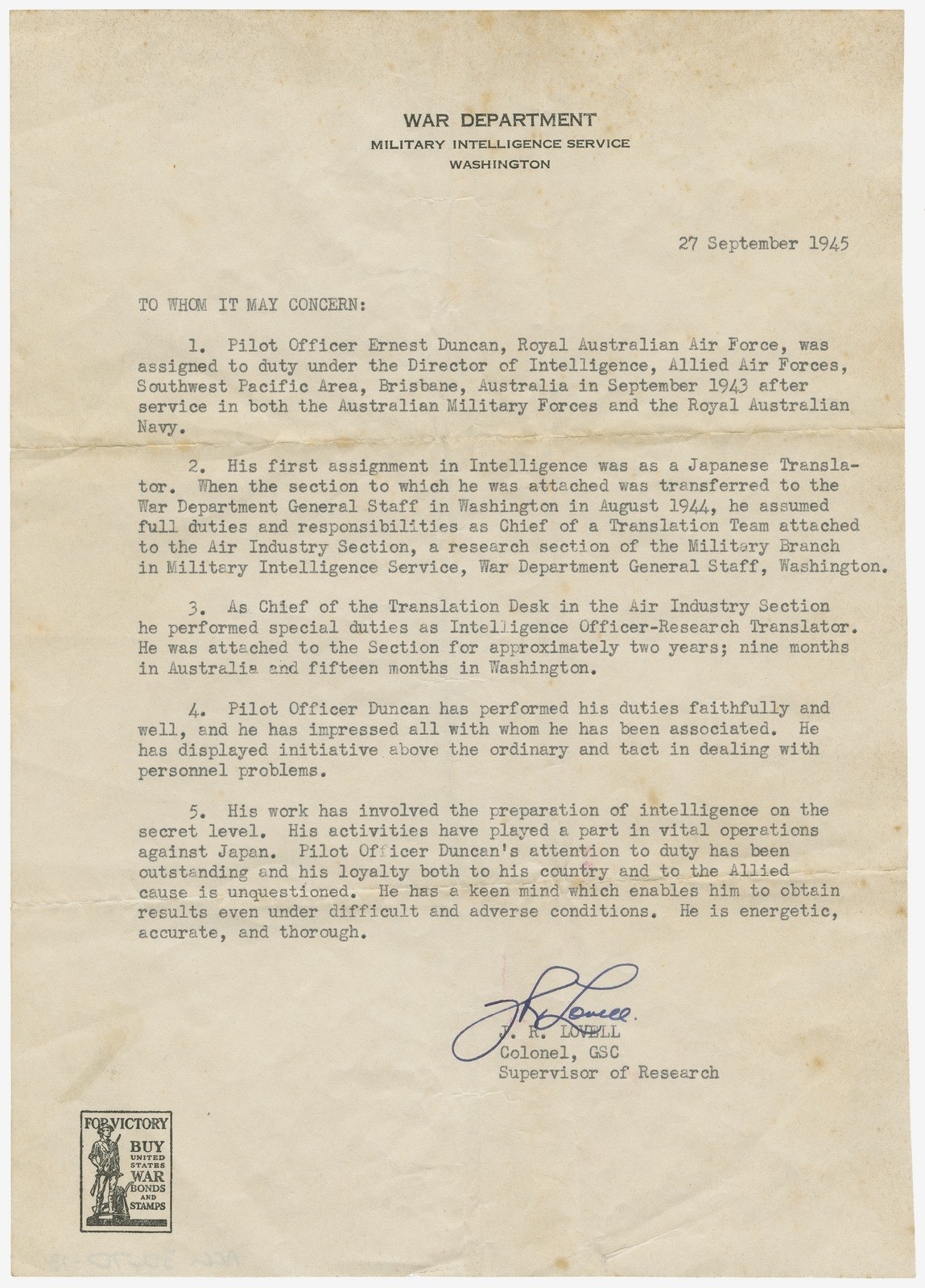 Statement of Pilot Officer Ernest Duncan’s Military Intelligence Service, 27 September 1945.
