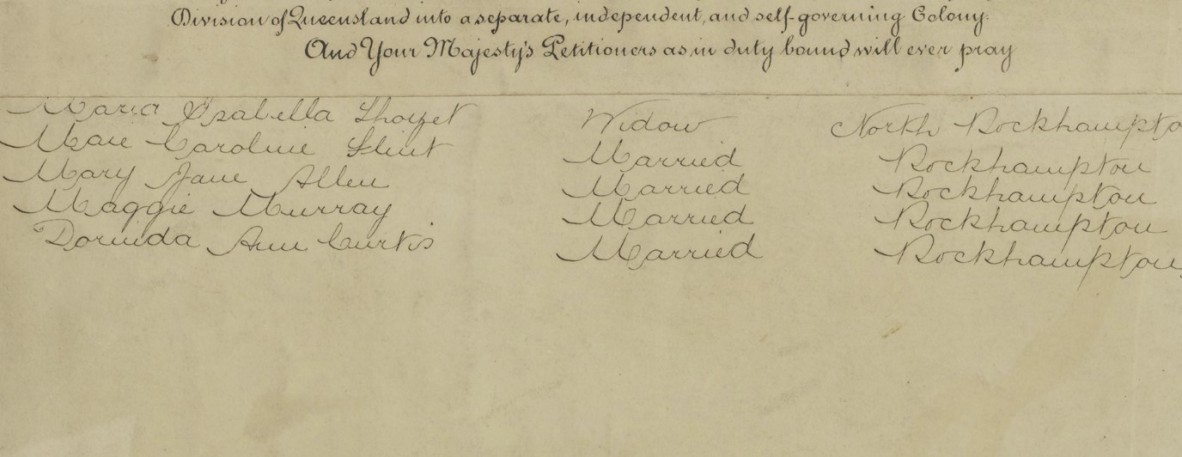 Excerpt from the petition showing the names of several women, their marriage status and place of residence.