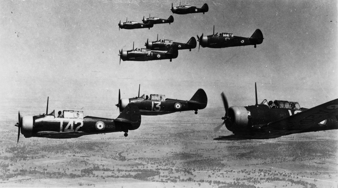 Old photograph of 9 aircraft flying.