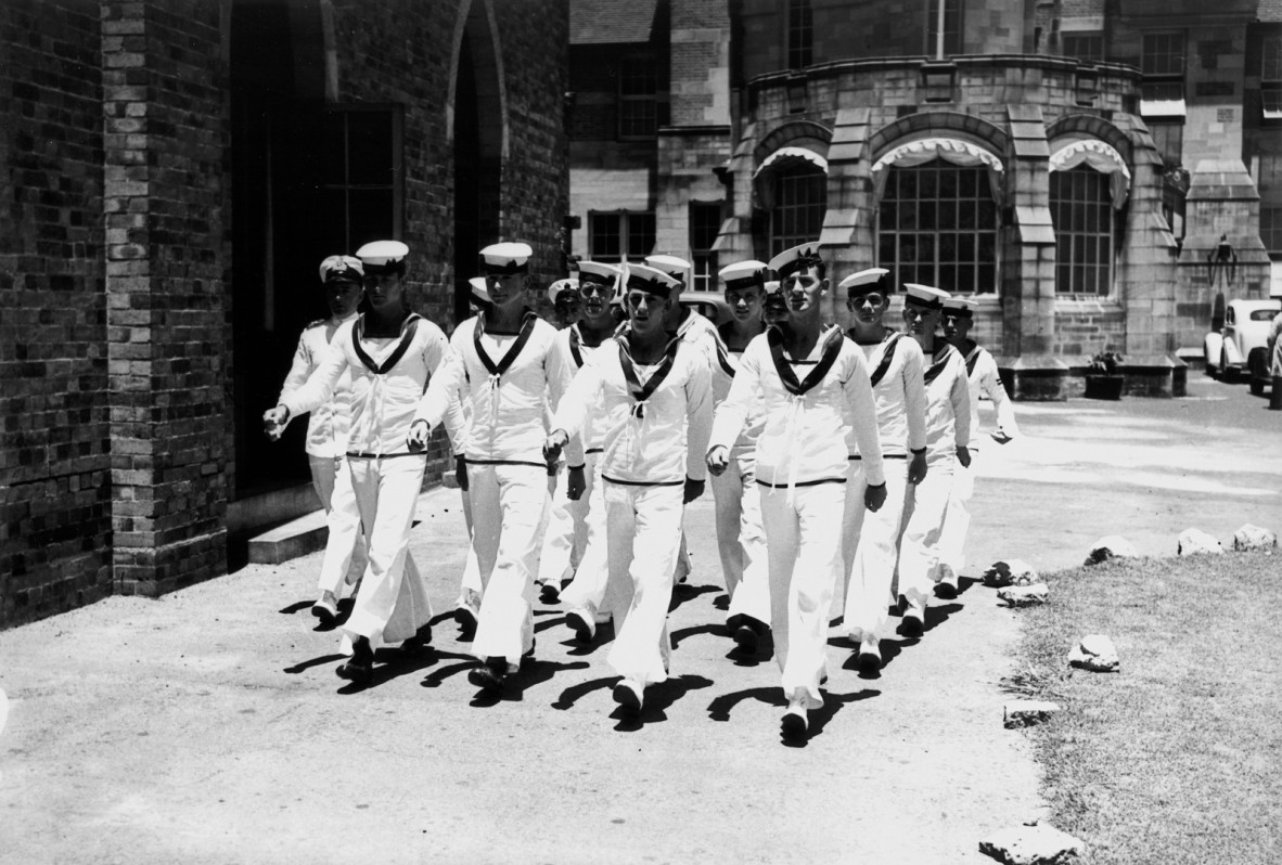 Naval men marching at St. John's Cathedral, Brisbane
