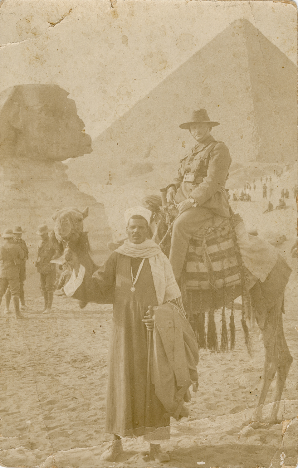 Frank on Camel in Egypt in front of Sphinx and Great Pyramid