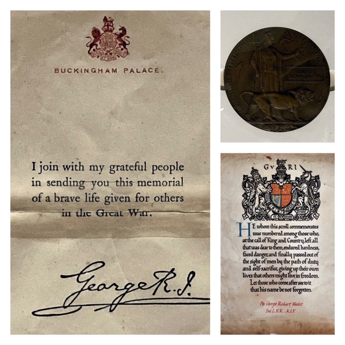 Clockwise from left, Letter from Buckingham Palace accompanying the Memorial Plaque, the Memorial Plaque and the Memorial Scroll.