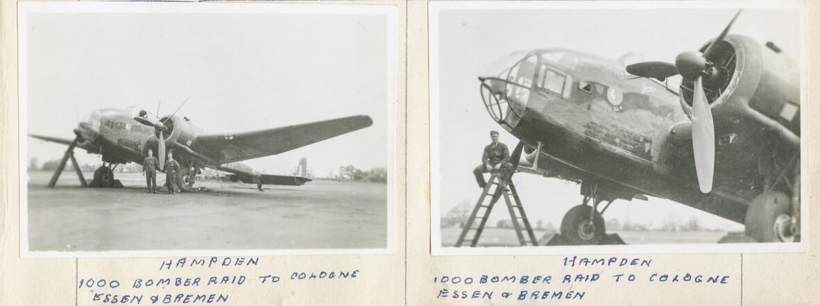 Two images of Charlie’s Hampden Aircraft for 1,000 Bomber Raid, 1942.