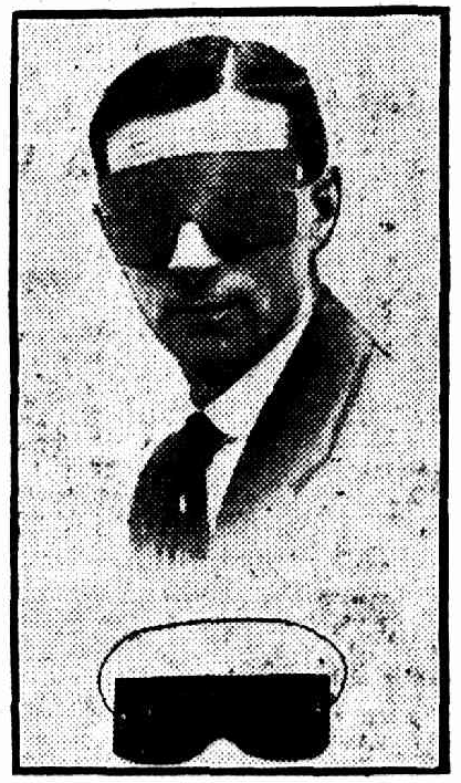 Black and white vintage illustration of a man with a slicked-back hairstyle wearing a black eye mask. Below is a close-up of the eye mask.