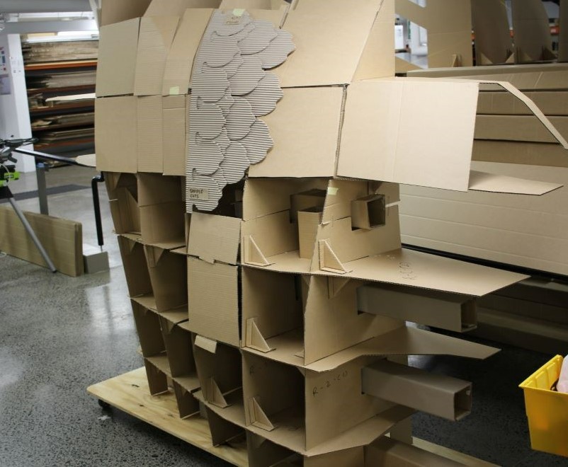 Structure of a shark built of cardboard being built
