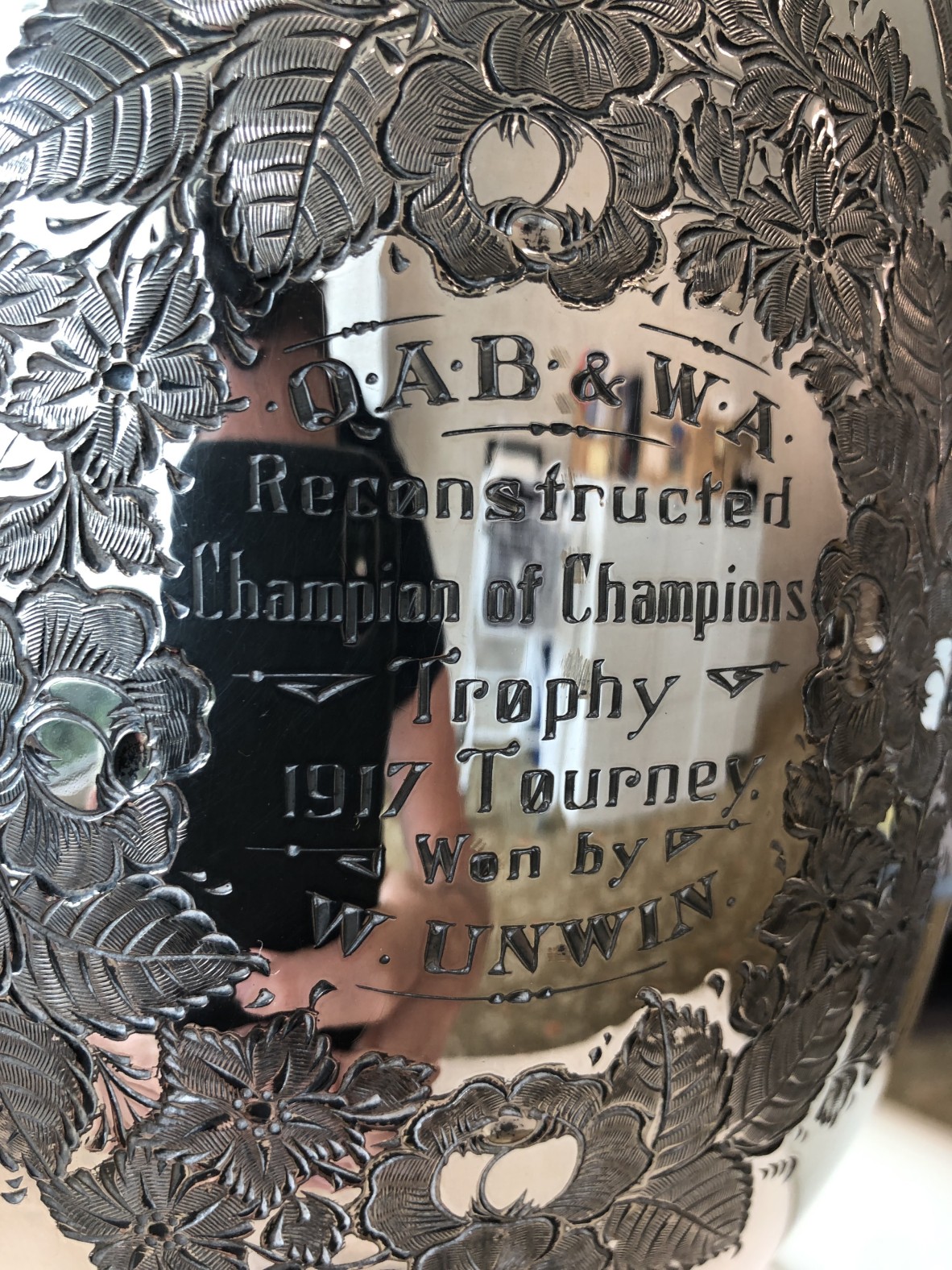 Close up of the inscription on the trophy won by William (Billy) Baden Unwin for the Queensland Amateur Boxing title in 1917. 
