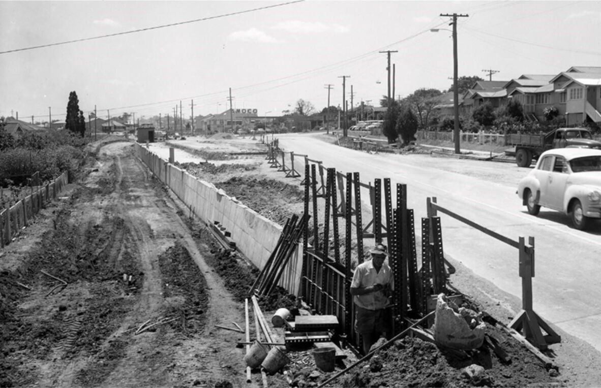 Caption: Ipswich Road widening 1965. Source: Brisbane City Council Archives.