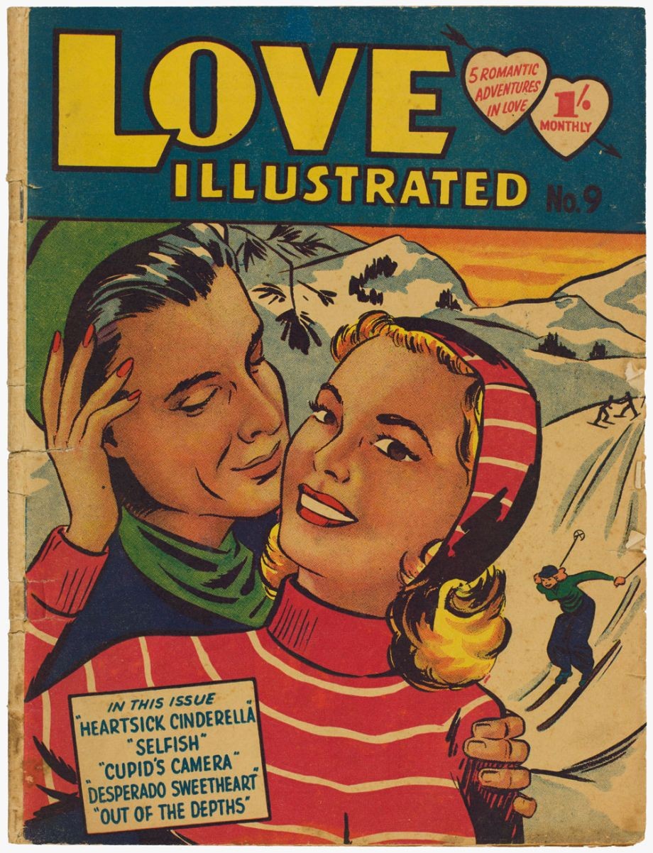 The cover of Love Illustrated, featuring a 50s illustration of a young couple on a ski slope.