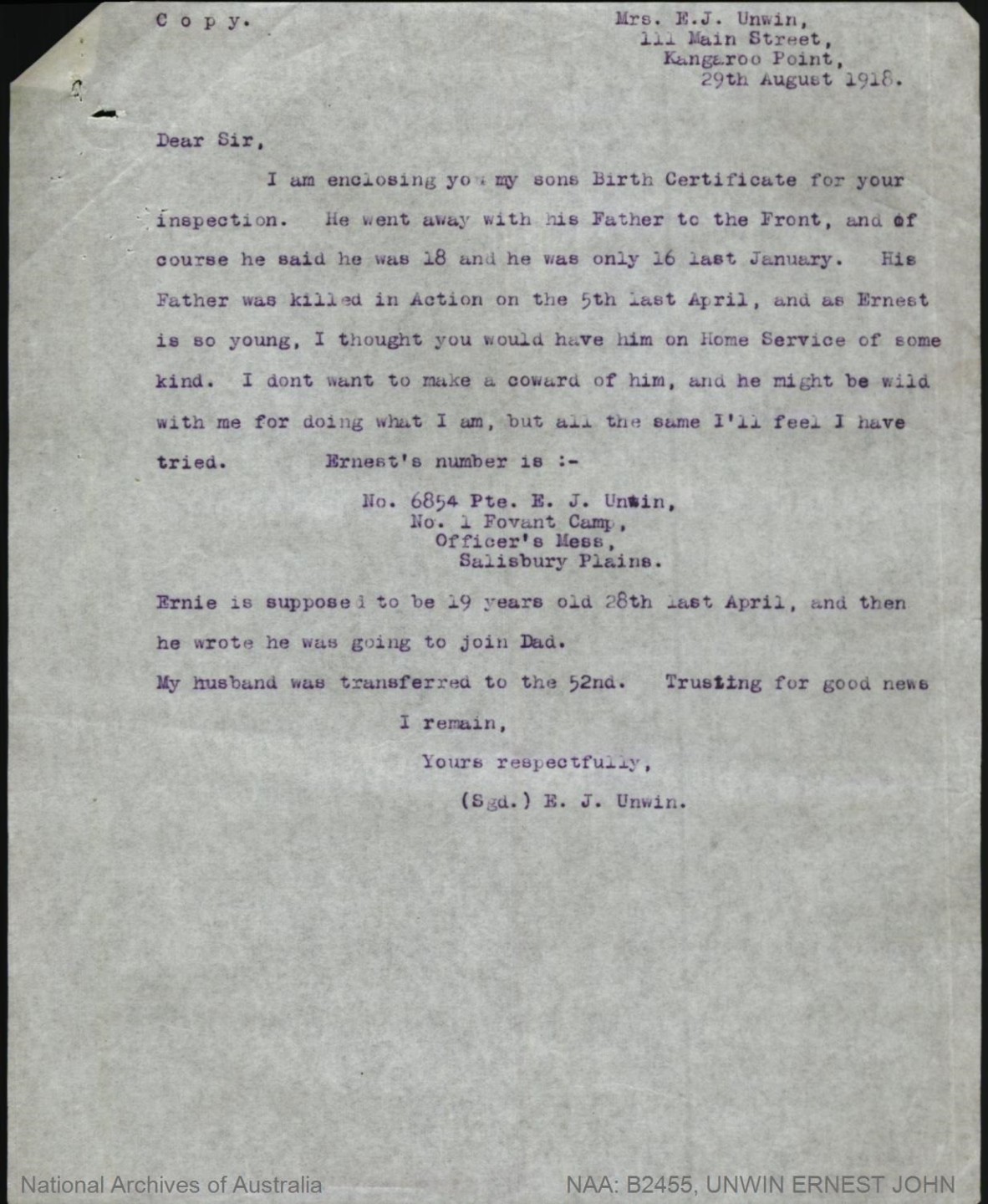 Letter written by Ernest Unwin's mother, Ellen Jane Unwin asking the Australian Army to bring home her son from the French battlefields during the First World War as he enlisted under aged.