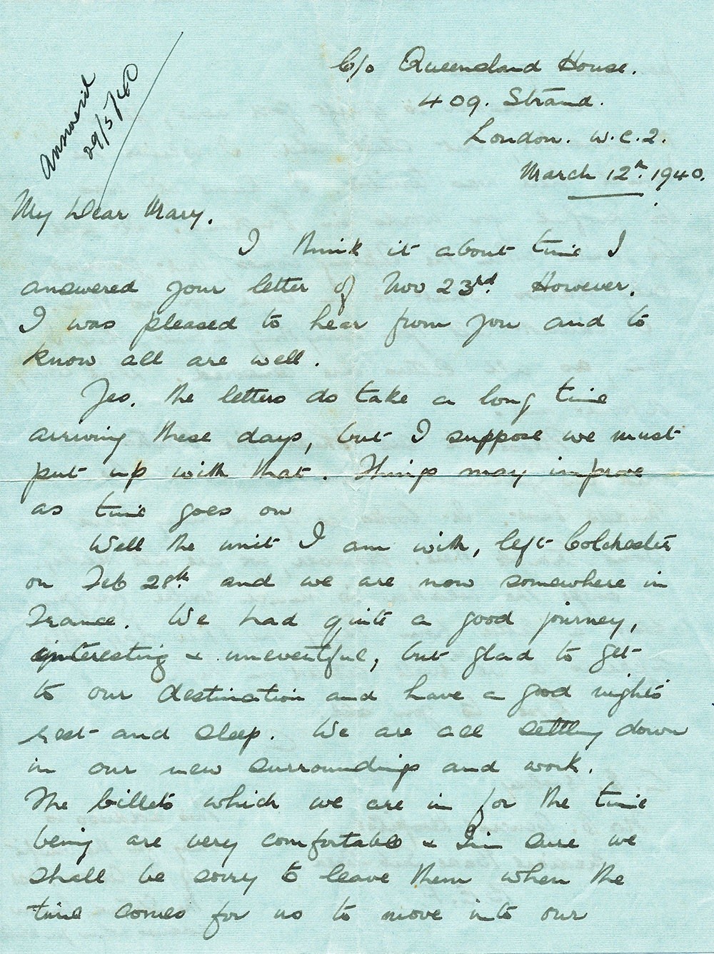 Letter from Nurse Alice Imison, Queen Alexandra’s Military Nursing Service, to her sister Mary Ivett, March 12th 1940.