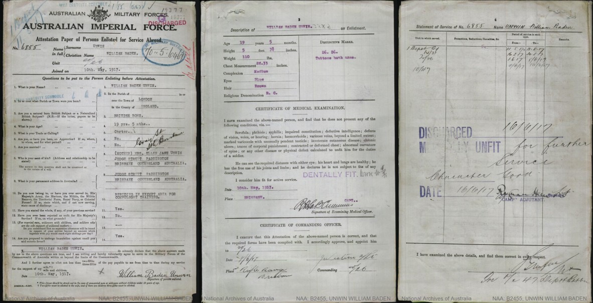 William (Billy) Baden Unwin's Australian Imperial Force service record declaring him “medically unfit for further service”.