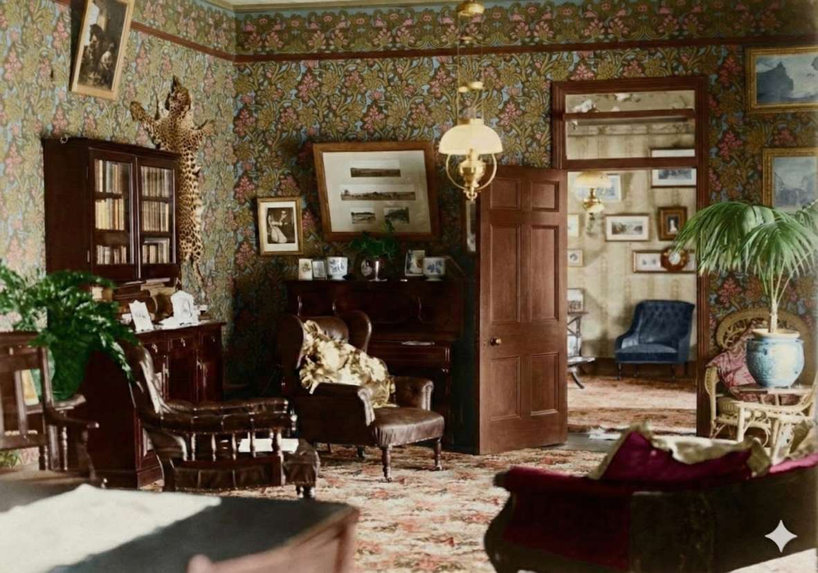 Colourised photo of a richly decorated living room with patterned wallpaper, wooden furniture, plants, and a central table under hanging lamps.