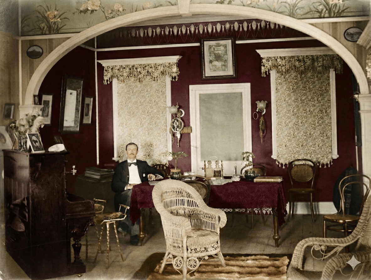 A man in formal attire sits in an ornate, richly decorated early 20th-century sitting room with lace curtains, wicker furniture, and deep red walls.