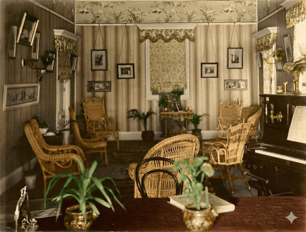 An ornate early 20th-century sitting room with wicker chairs, a piano, framed photos, striped wallpaper, and decorative plants.