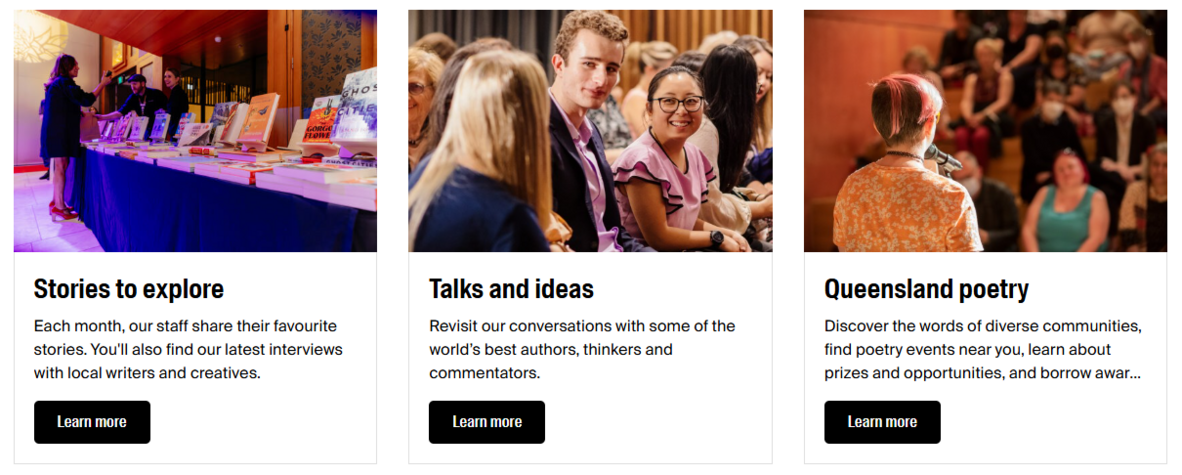 Screen shot of 3 information tiles from State Library of Queensland's website demonstrating opportunities for English teachers. On the left, Stories to explore, in the middle, Talks and ideas, and on the Right, Queensland poetry.