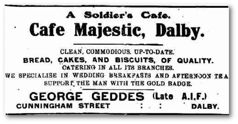 Advertisement for the Soldiers cafe Dalby