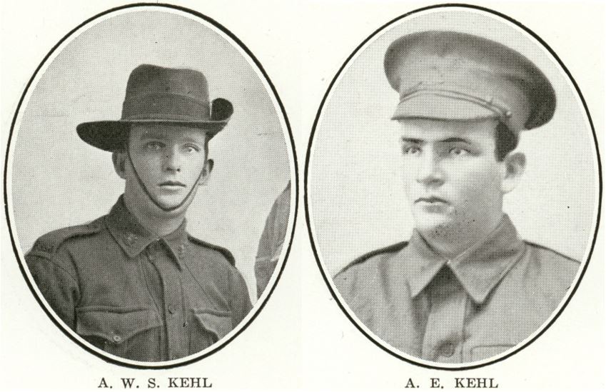 Two individual portrait photos, side by side, of young men, brothers, in uniform. 