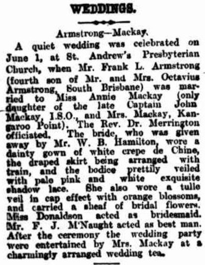 Newspaper article of Armstrong and Mackay Wedding