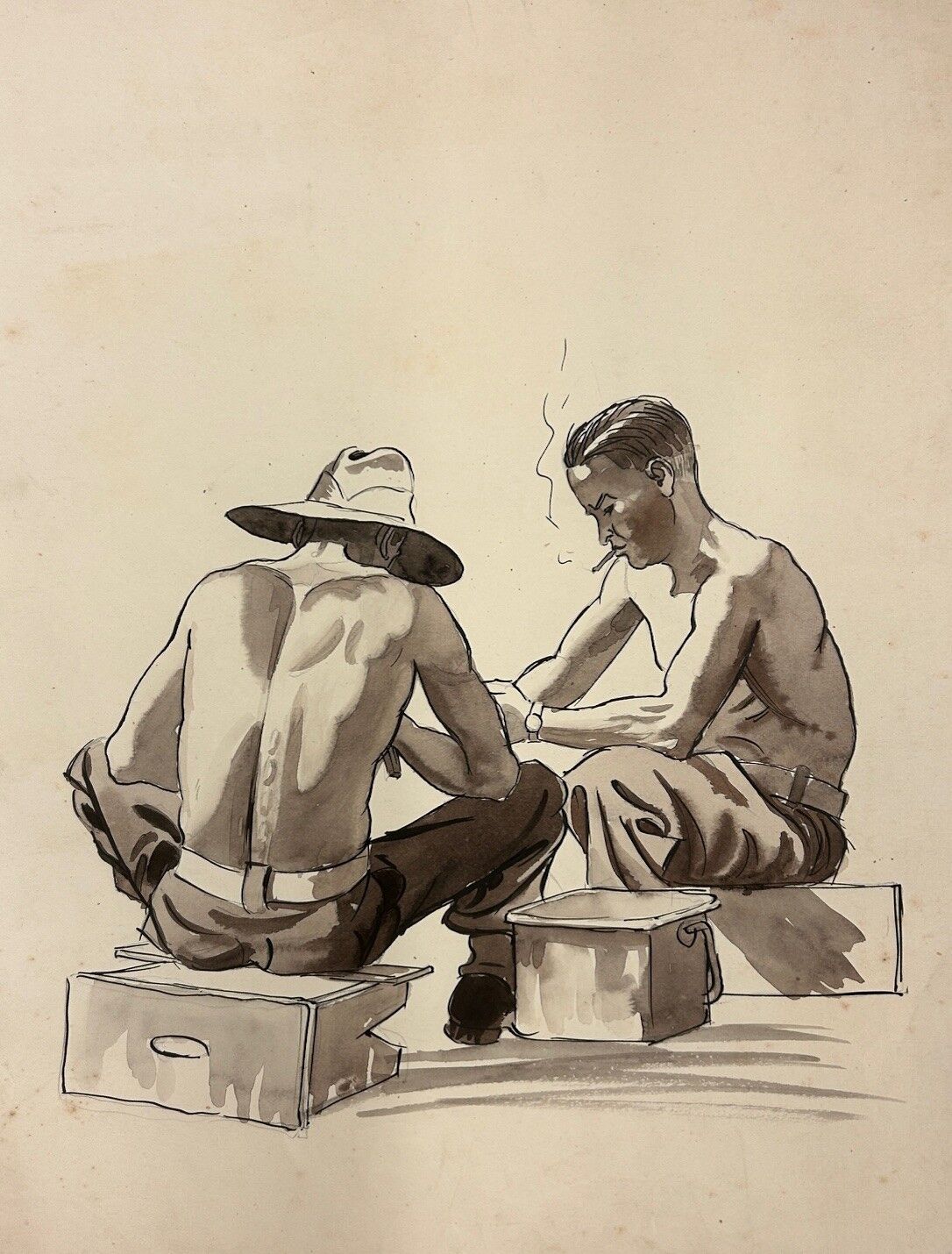 Unavoidable Army jobs - spud barbers, in pencil and wash, James Wieneke