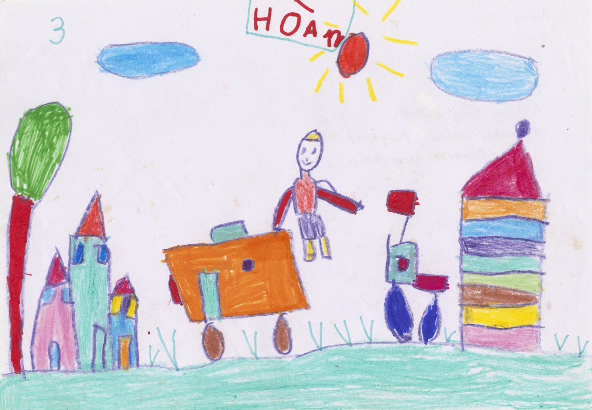Childrens Artwork. Title - A baby plays outside, he makes houses, plays with cars, army trucks and a large house 2001. Work by Hoang, aged 5, from Lan Anh Kindergarten, Ho Chi Minh City Vietnam. Created as part of the project 'Play: young children's views.'