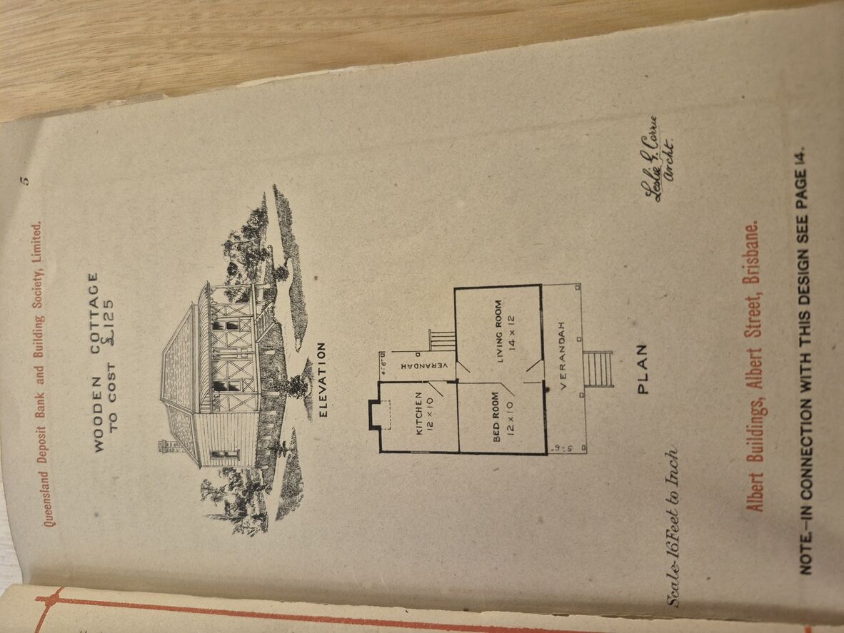 sketch and plan of a wooden cottage