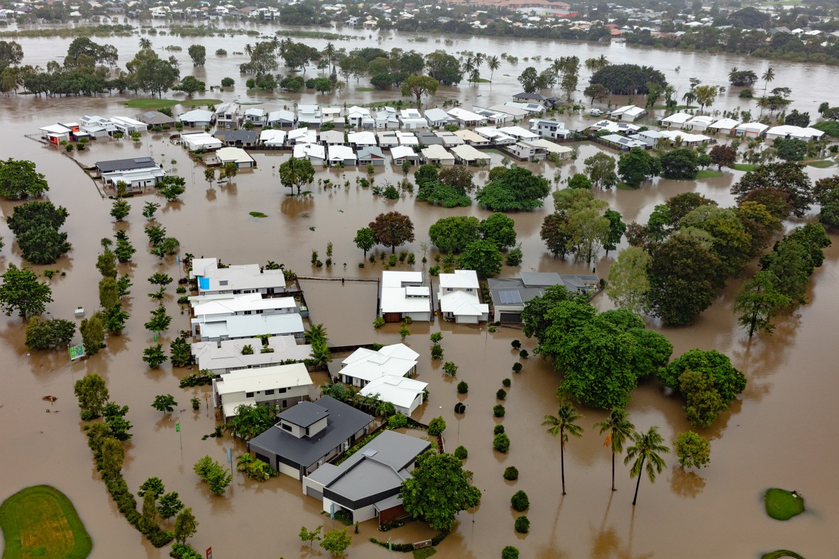 Aerial view of flooded streets and houses