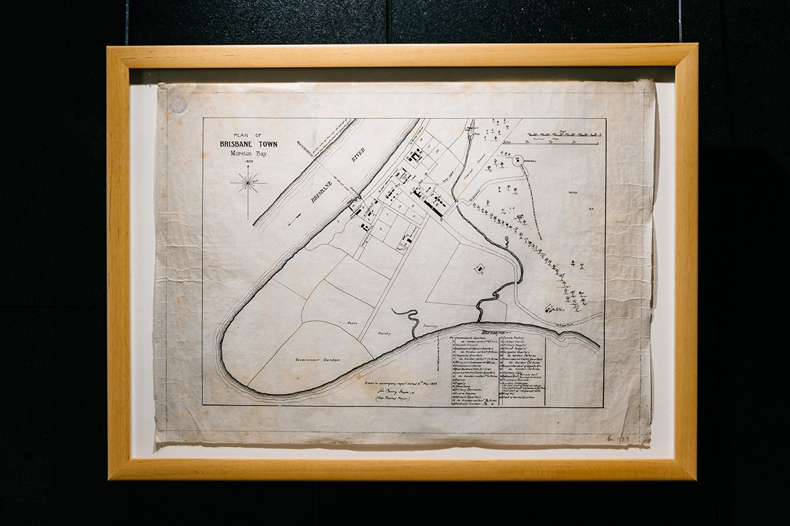 Map of the Moreton Bay convict settlement drawn in 1839 and including the location of natural features and buildings including the Windmill and Commissariat Stores.  