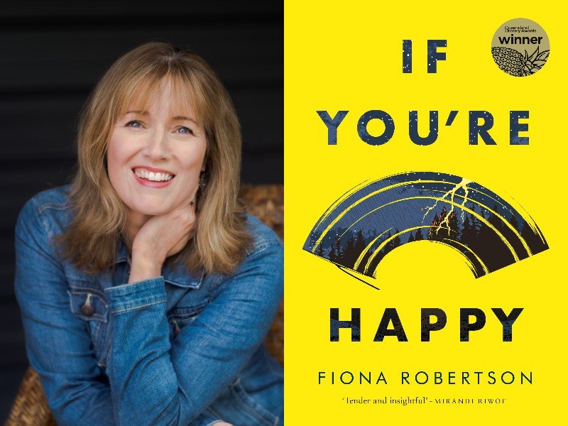 Composite cover image showing a smiling Fiona Robertson in a blue denim shirt plus the cover of her book If You're Happy
