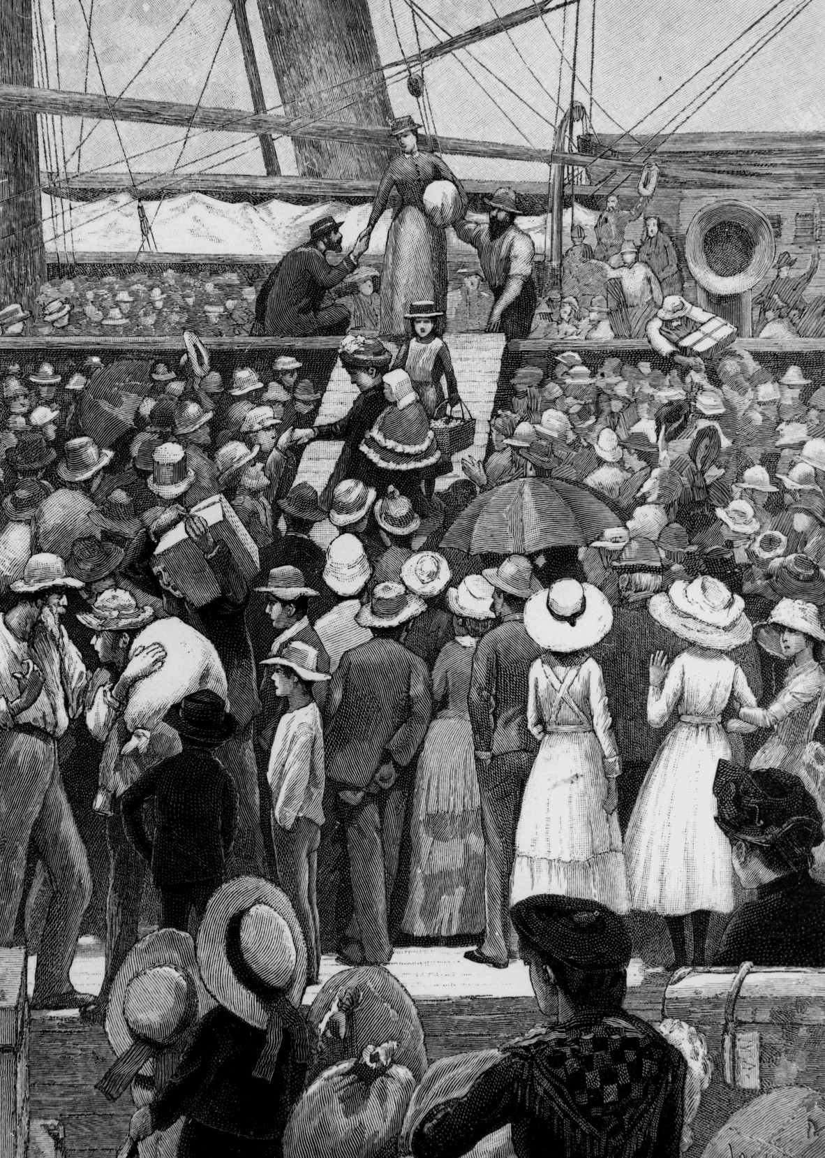 Drawing of women disembarking from a ship circa 1885