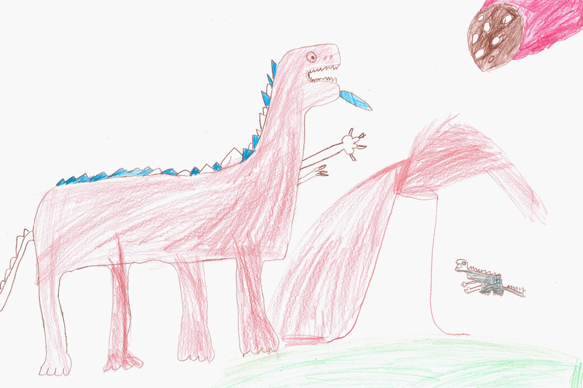 Extinction is an illustration of a red dragon and a meteorite about to impact