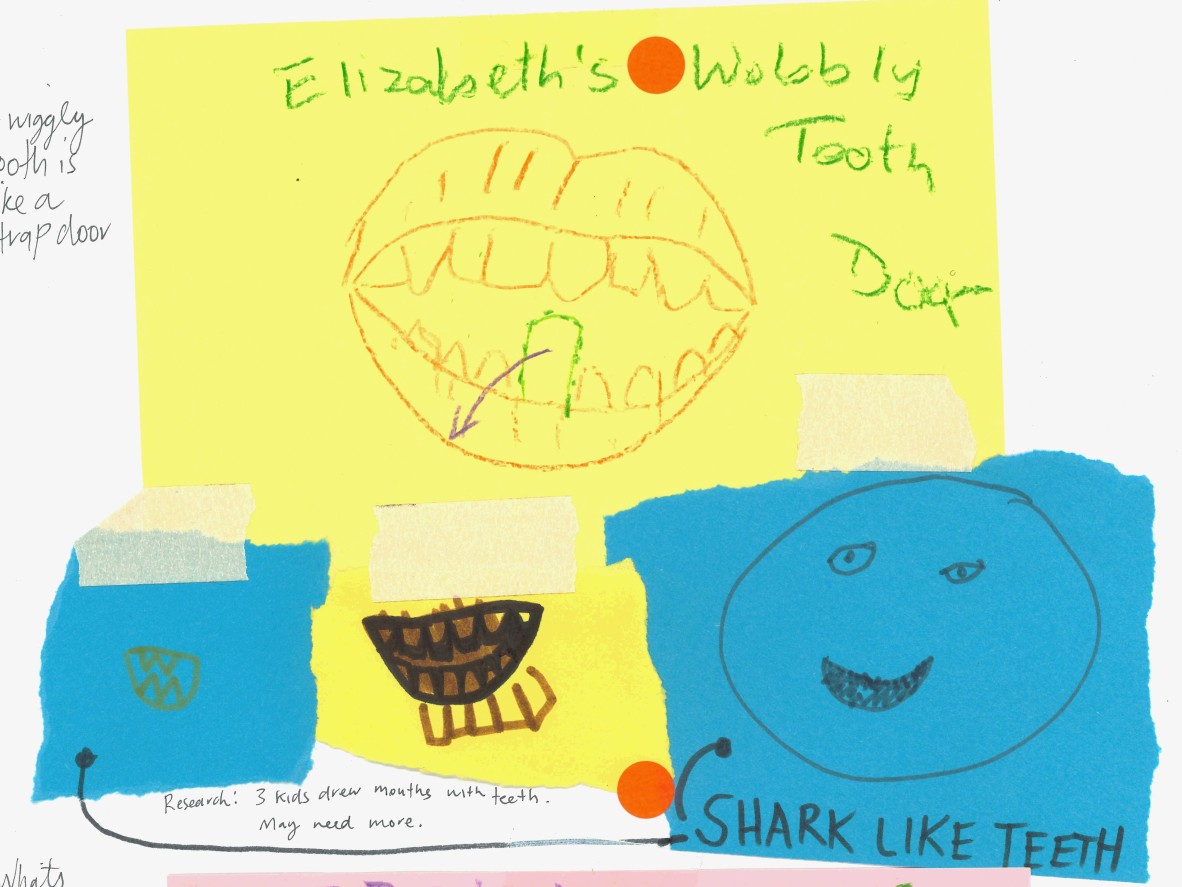 Children's sketches of a mouth with teeth on yellow paper, with blue paper on top with an image of a smiley face and writing 'shark like teeth': for the Great and Grand Rumpus project