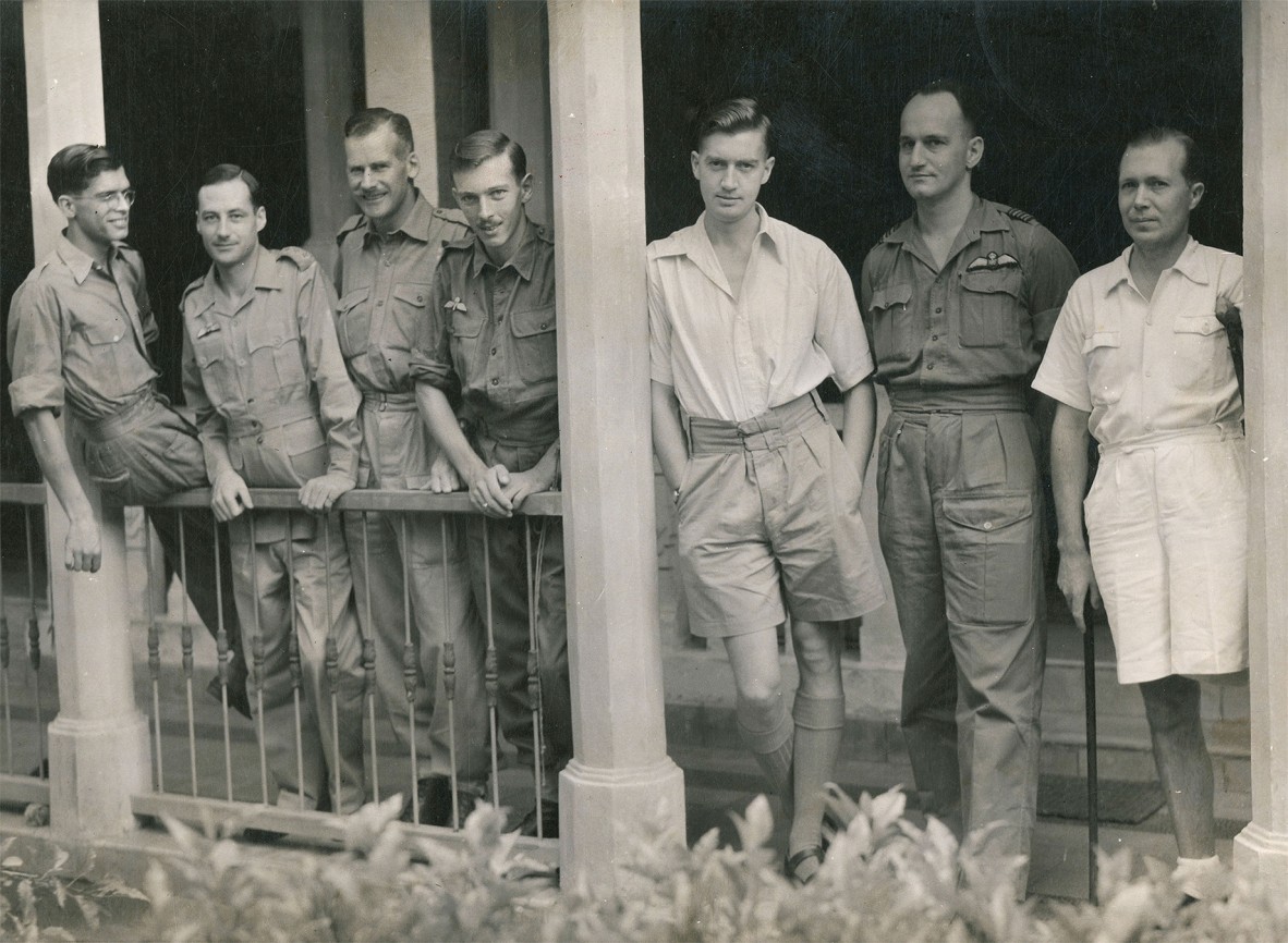 Alan Douglas Groom and other cadets standing on a veranda, 1935