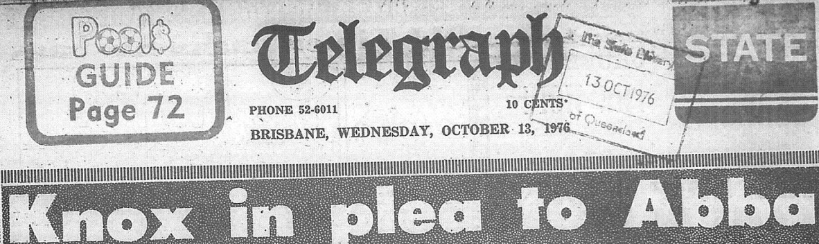 Front page of the Brisbane Telegraph newspaper, 13 October 1976