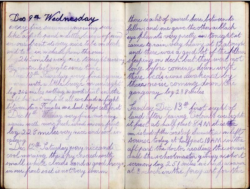 Thomas Beynon's Diary, page opened at Dec 9th Wednesday