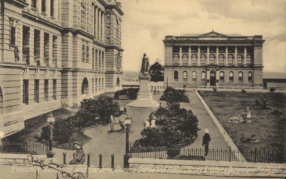 Executive Buildings and gardens statue of Queen Victoria and Public Library, Brisbane ca. 1910.