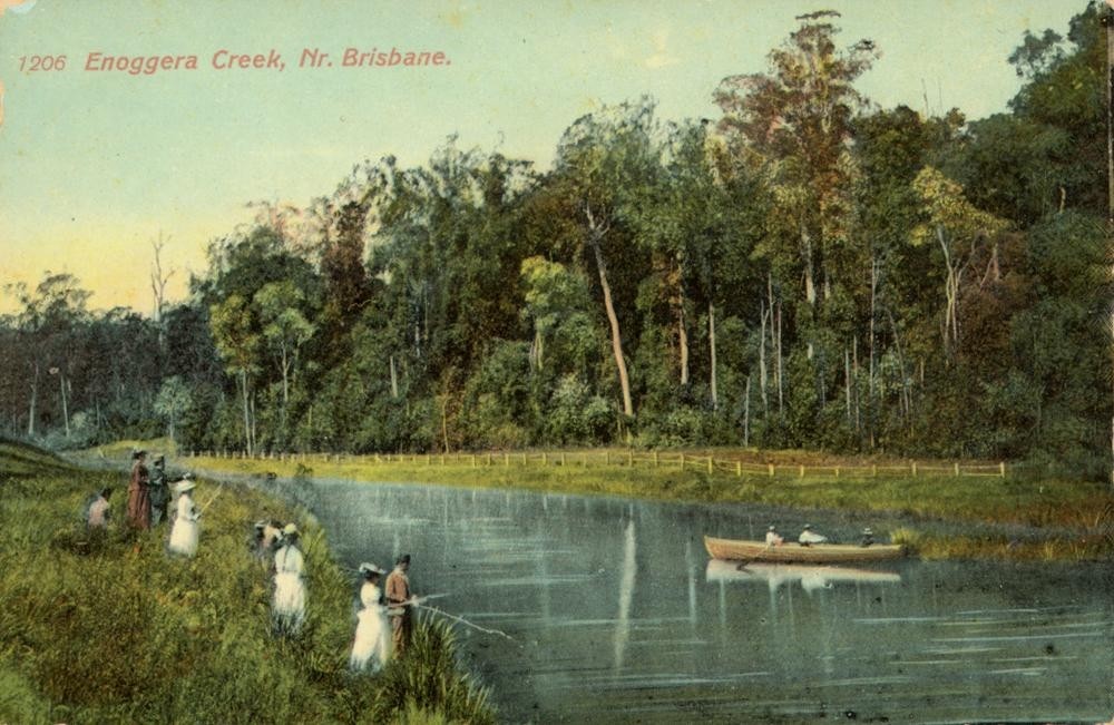 Fishing and boating parties at Enoggera Creek, Brisbane ca. 1900.