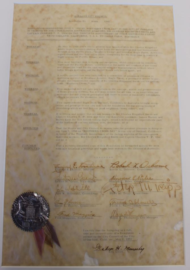 Resolution scroll for 'Southern Cross Day' by the Oakland City Council.