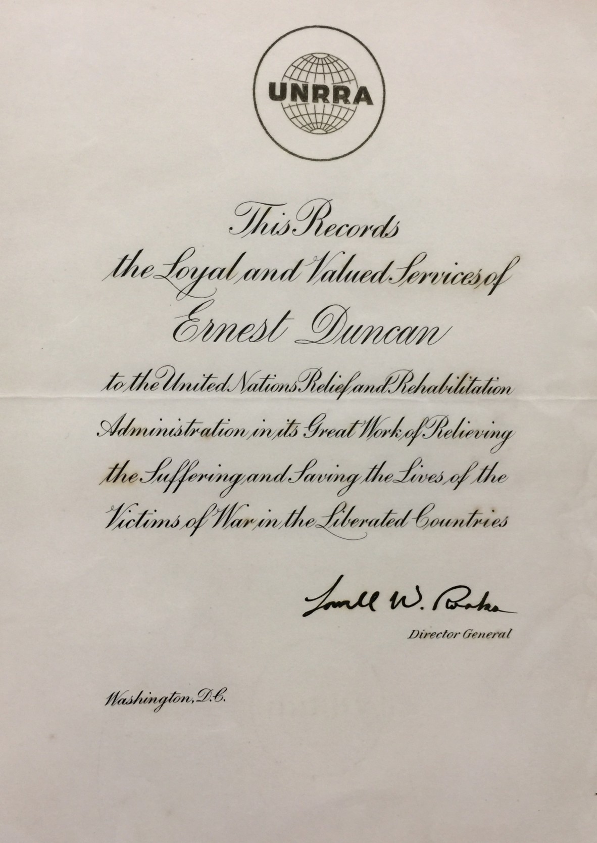 Certificate of appreciation, UNRRA, 1947